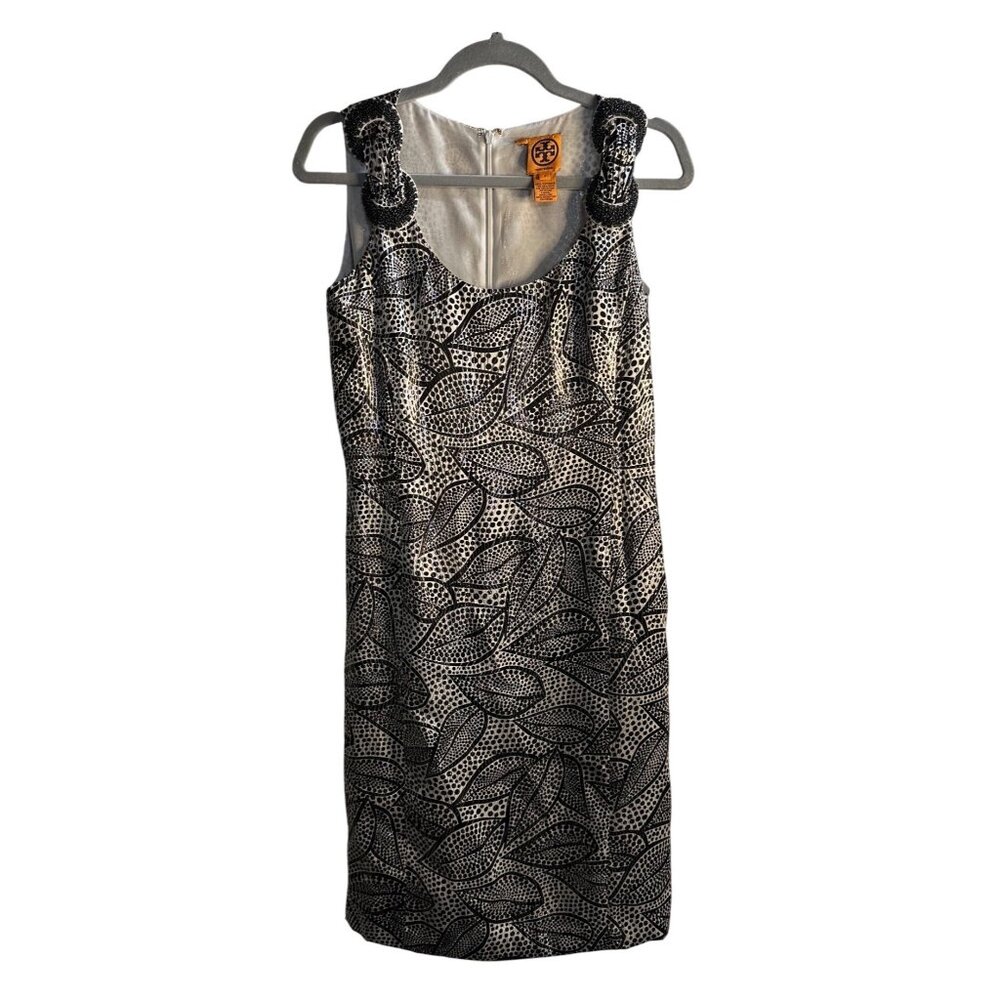 Tory Burch Womens Silk Blend Jacquard Sheath Dress Gold Black Elegant Shoulder 8